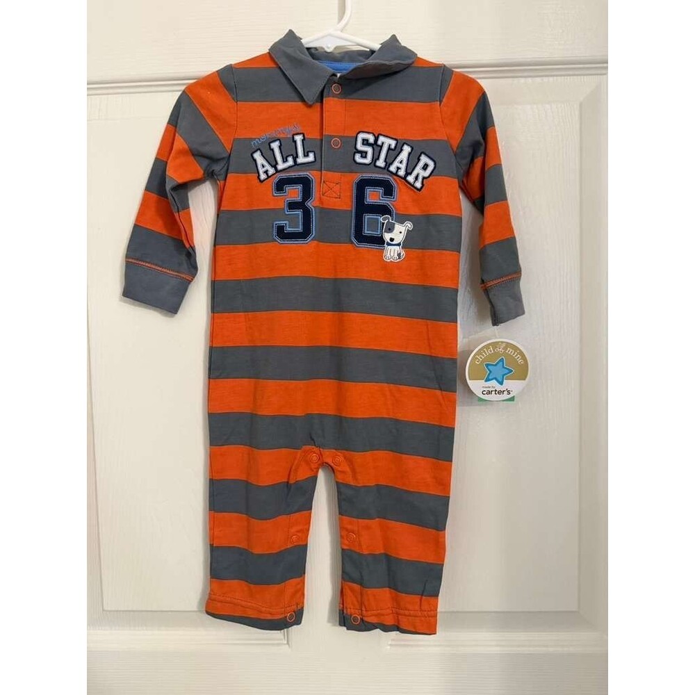 Carter's Child of Mine All Star 36 Striped Romper 6-9M Orange Gray Long Sleeve